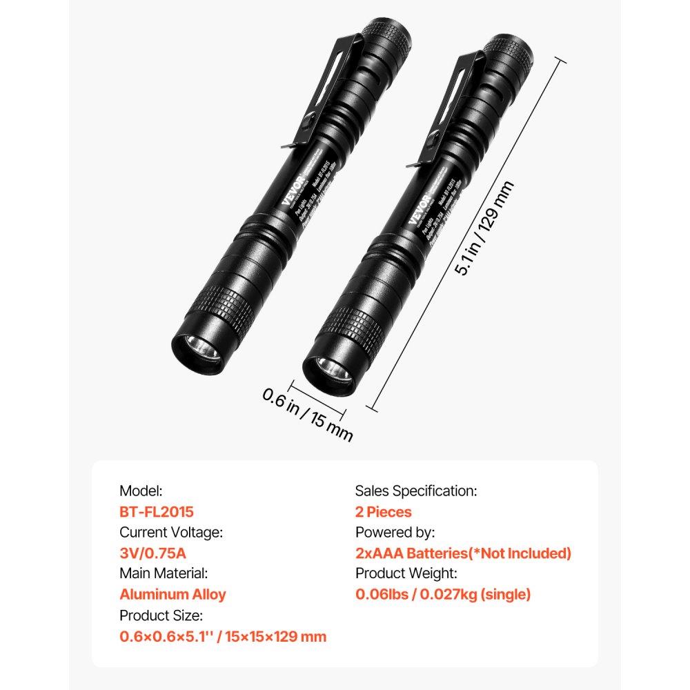 VEVOR Pen Light, 2-Pack 100 Lumens Pocket Flashlight with Clip, IPX4 Waterproof Portable Penlight, Compact and Lightweight for Tight Spaces, Work, Inspection, Emergency, Mechanics, Outdoor Use
