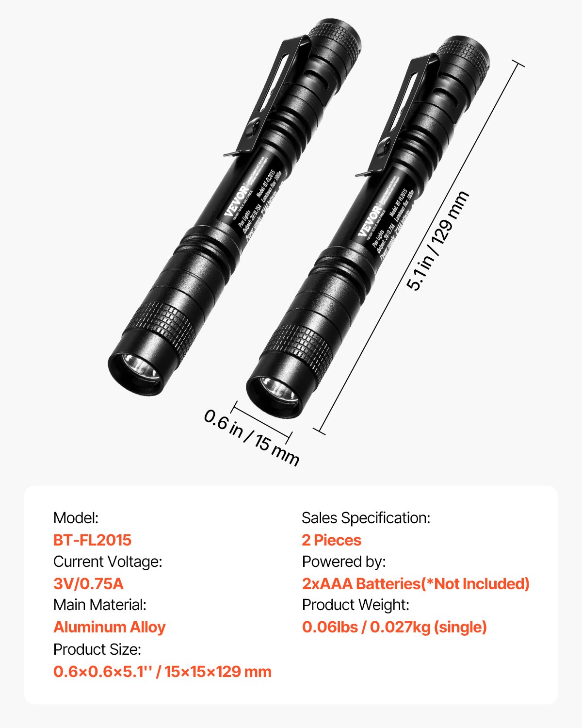 VEVOR Pen Light, 2-Pack 100 Lumens Pocket Flashlight with Clip, IPX4 Waterproof Portable Penlight, Compact and Lightweight for Tight Spaces, Work, Inspection, Emergency, Mechanics, Outdoor Use