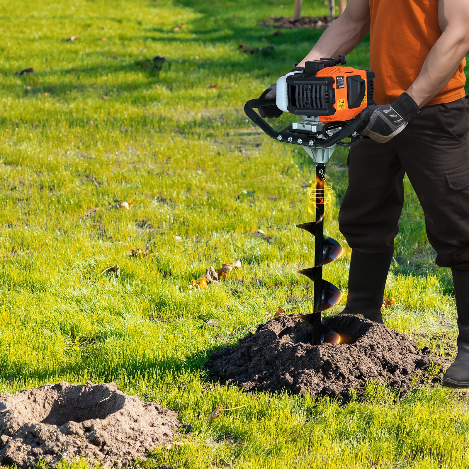 VEVOR Post Hole Digger Gas Powered, 52CC 1450W Earth Auger, Gas Auger with 150mm & 250mm Auger Drill Action Design Bits & 3 Extension Rods, Post Fence Hole Digger for Farmland Garden Plant, Orange+Black