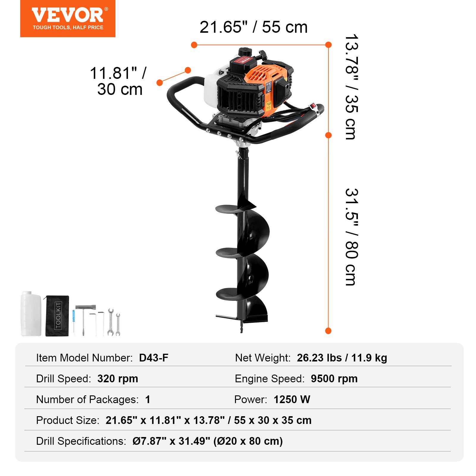 VEVOR Post Hole Digger Gas Powered, 43CC 1250W Earth Auger, Gas Auger with 8” Auger Drill Action Design Bits, Post Fence Hole Digger for Farmland Garden Plant, Orange+Black