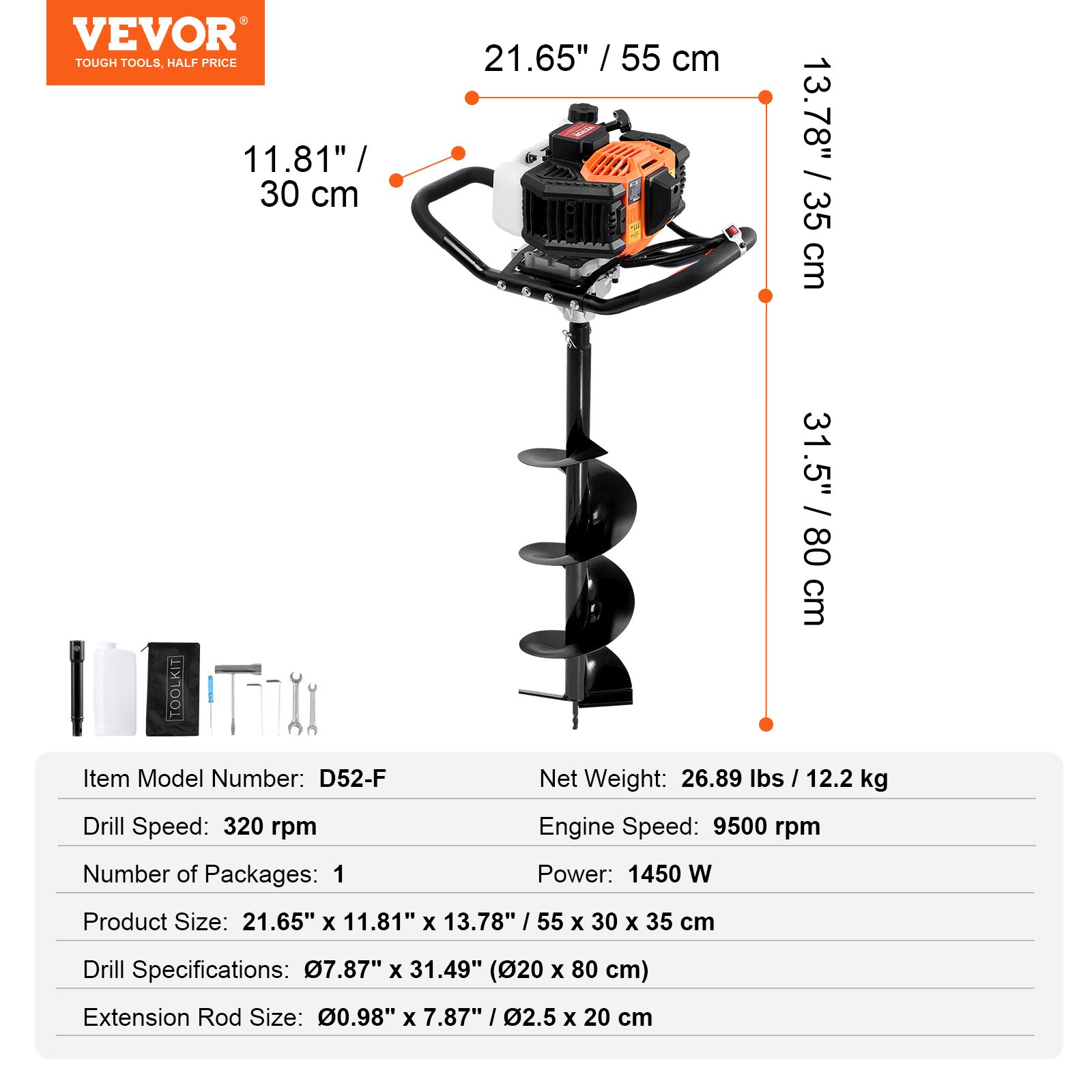 VEVOR Post Hole Digger Gas Powered, 52CC 1450W Earth Auger, Gas Auger with 8” Auger Drill Action Design Bits & 1 Extension Rod, Post Fence Hole Digger for Farmland Garden Plant, Orange+Black