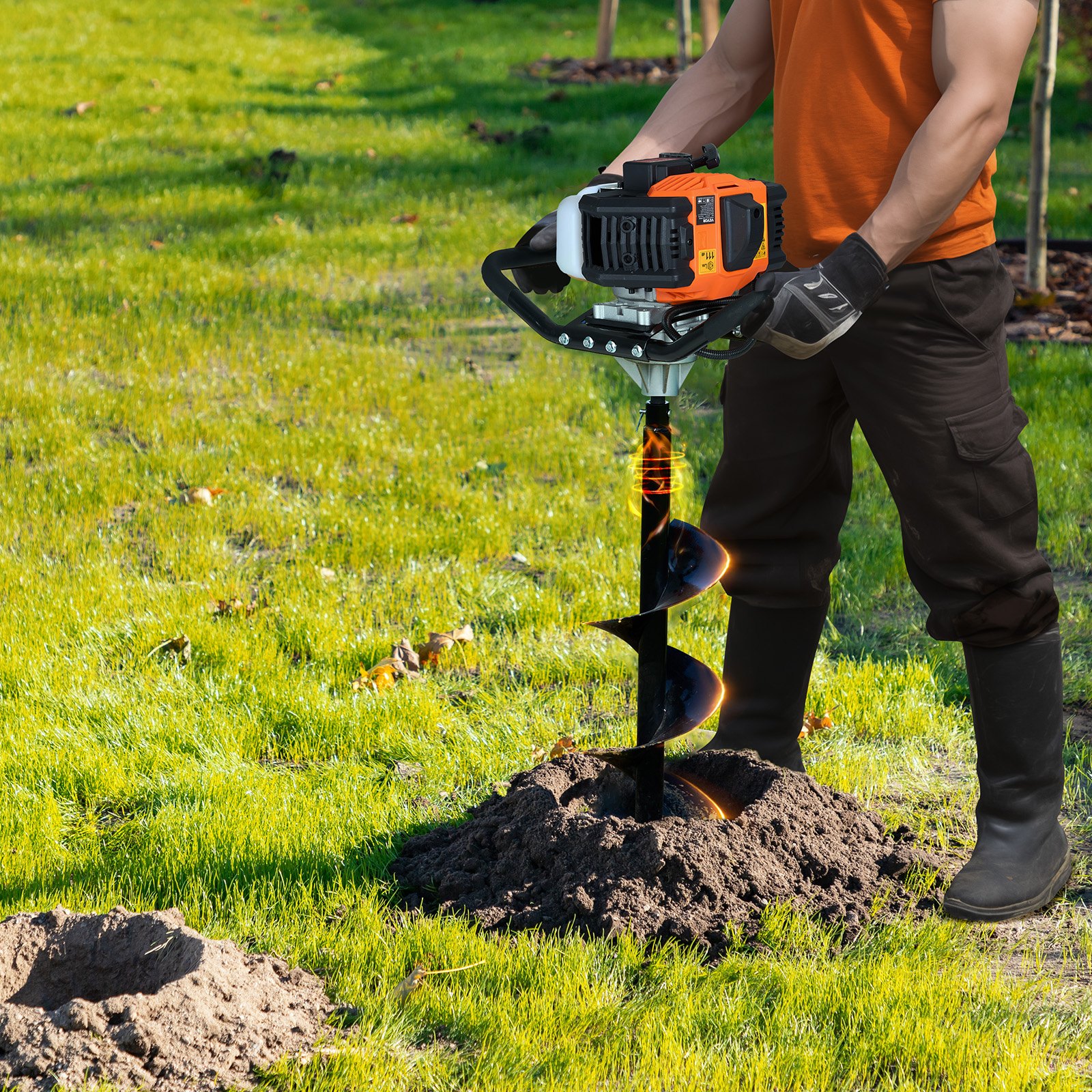 VEVOR Post Hole Digger Gas Powered, 52CC 1450W Earth Auger, Gas Auger with 8” Auger Drill Action Design Bits & 1 Extension Rod, Post Fence Hole Digger for Farmland Garden Plant, Orange+Black