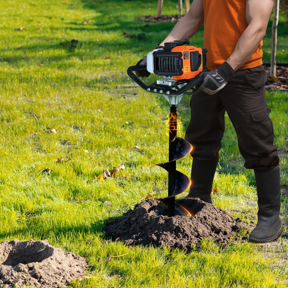 VEVOR Post Hole Digger Gas Powered, 52CC 1450W Earth Auger, Gas Auger with 8” Auger Drill Action Design Bits & 1 Extension Rod, Post Fence Hole Digger for Farmland Garden Plant, Orange+Black