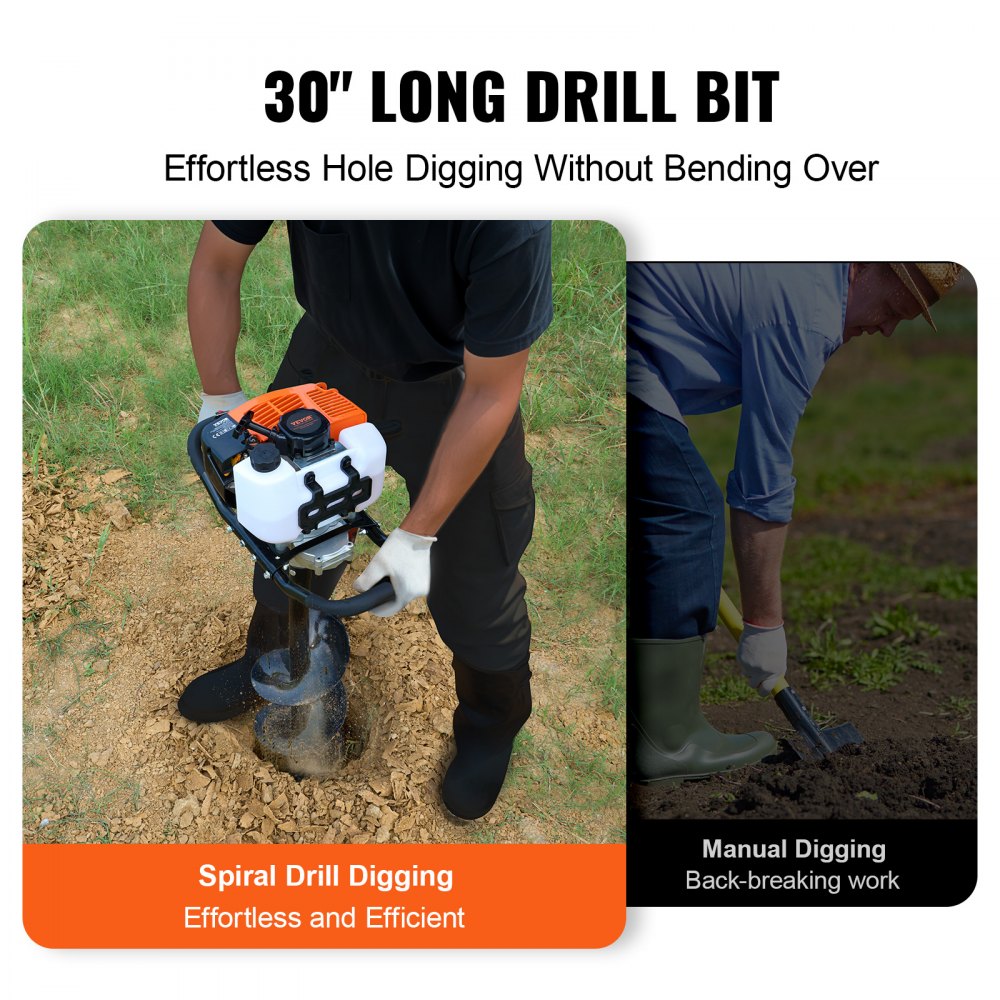 VEVOR Post Hole Digger Gas Powered, 63CC 2400W Earth Auger, Gas Auger with 200mm Auger Drill Action Design Bits & 1 Extension Rod, Post Fence Hole Digger for Farmland Garden Plant, Orange+Black