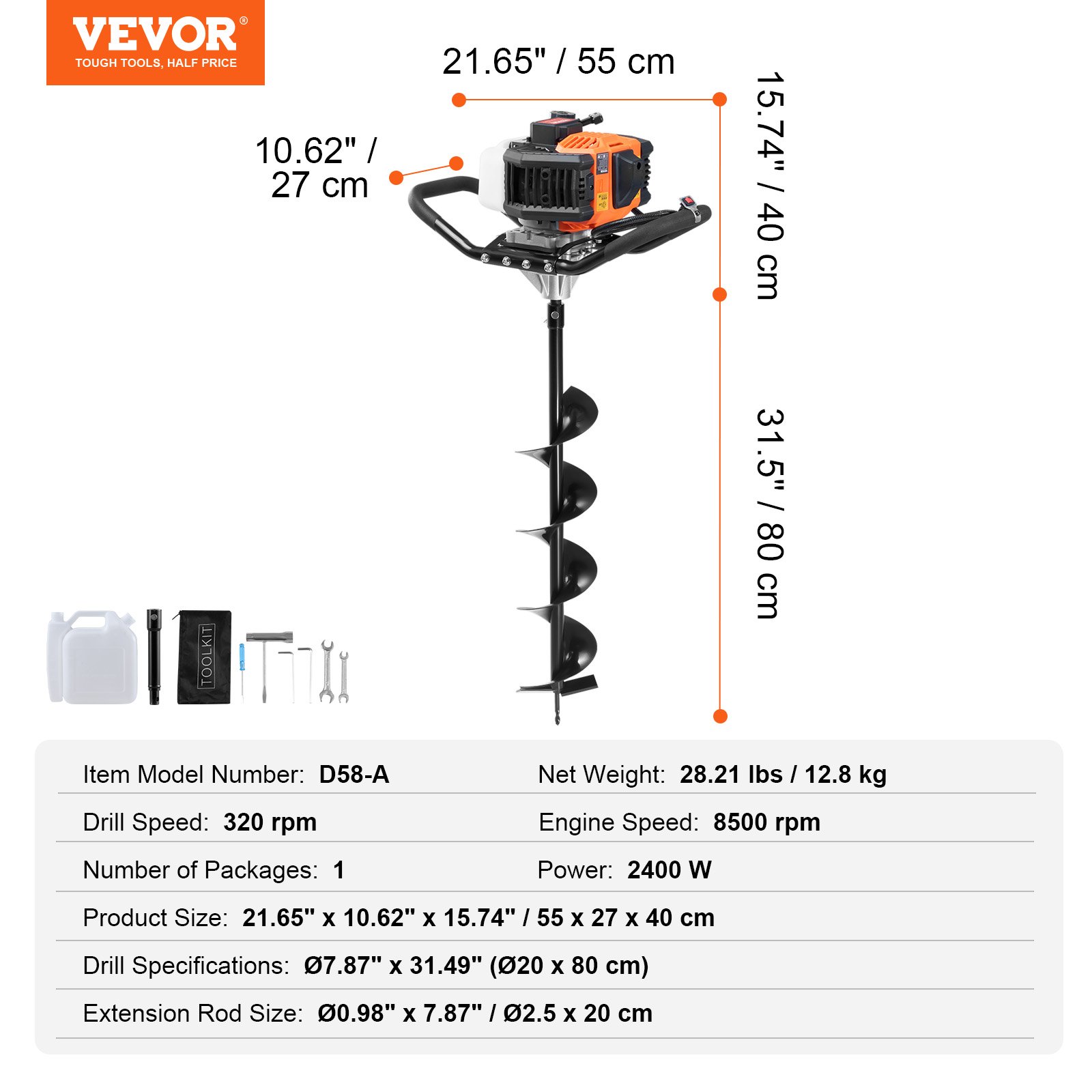 VEVOR Post Hole Digger Gas Powered, 63CC 2400W Earth Auger, Gas Auger with 200mm Auger Drill Action Design Bits & 1 Extension Rod, Post Fence Hole Digger for Farmland Garden Plant, Orange+Black