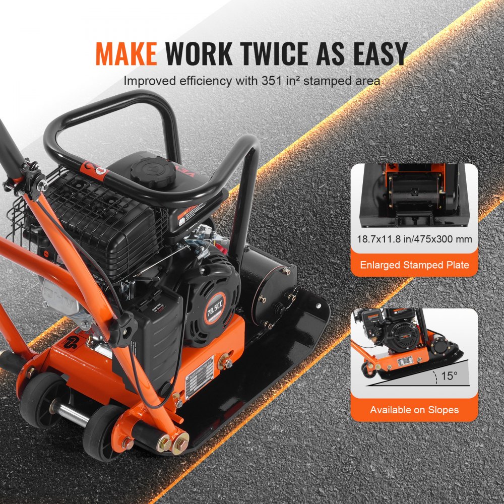 VEVOR Plate Compactor, 2.8 HP 78.5CC Gas Engine 5,250 VPM, 870 kg Force Vibratory Compaction Tamper with 18.7 x 11.8 inch Plate for Walkways, Patios, Asphalts, Paver Landscaping
