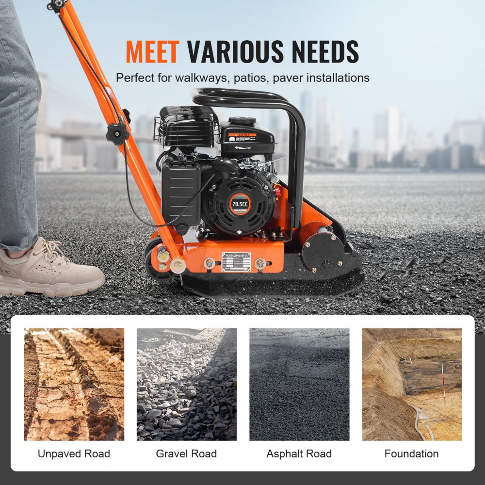 VEVOR Plate Compactor, 2.8 HP 78.5CC Gas Engine 5,250 VPM, 870 kg Force Vibratory Compaction Tamper with 18.7 x 11.8 inch Plate for Walkways, Patios, Asphalts, Paver Landscaping