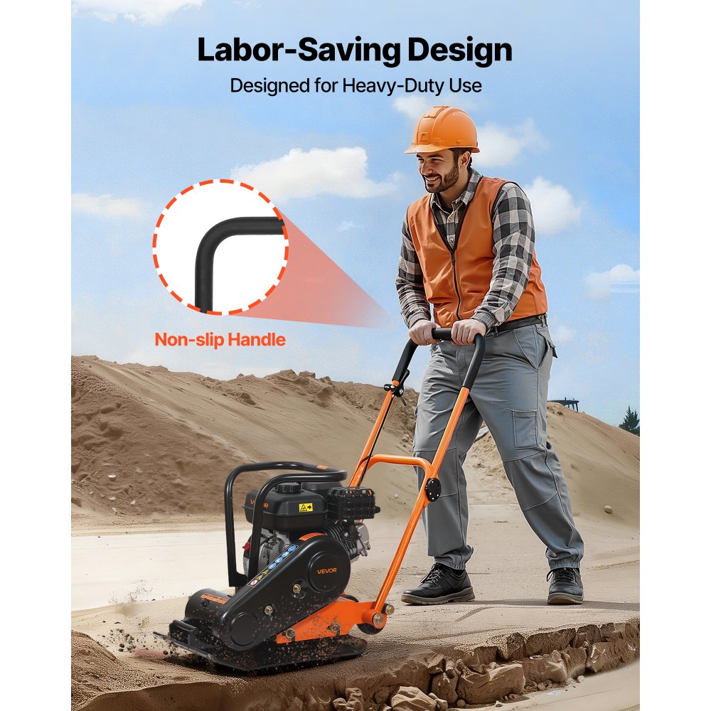 VEVOR Plate Compactor, 6.5 HP 196CC Gas Engine, 5600 VPM Vibrating Ground Rammer, 10.5 kN Compaction Force, 510.5 x 381 mm Plate, Walk Behind Compactor for Paver Landscaping, Asphalt, Foundation, Soil