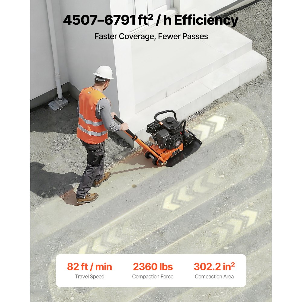 VEVOR Plate Compactor, 6.5 HP 196CC Gas Engine, 5600 VPM Vibrating Ground Rammer, 10.5 kN Compaction Force, 510.5 x 381 mm Plate, Walk Behind Compactor for Paver Landscaping, Asphalt, Foundation, Soil