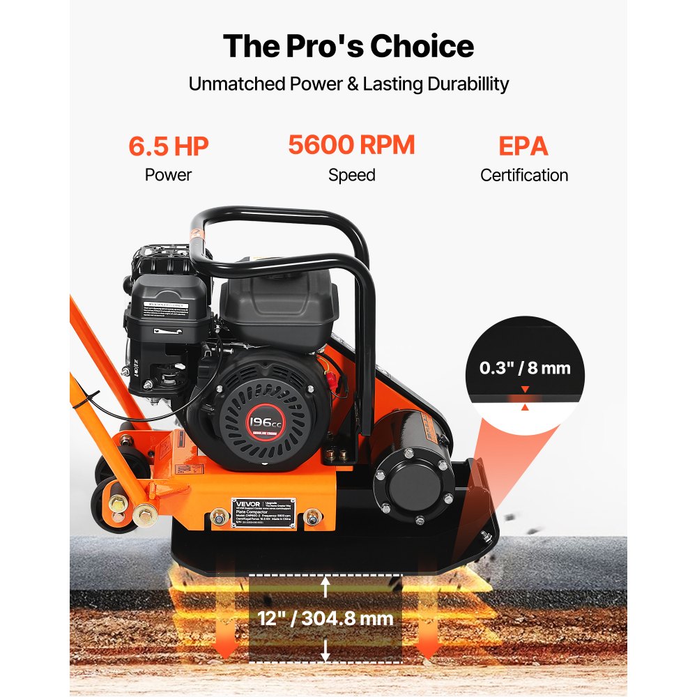 VEVOR Plate Compactor, 6.5 HP 196CC Gas Engine, 5600 VPM Vibrating Ground Rammer, 10.5 kN Compaction Force, 510.5 x 381 mm Plate, Walk Behind Compactor for Paver Landscaping, Asphalt, Foundation, Soil