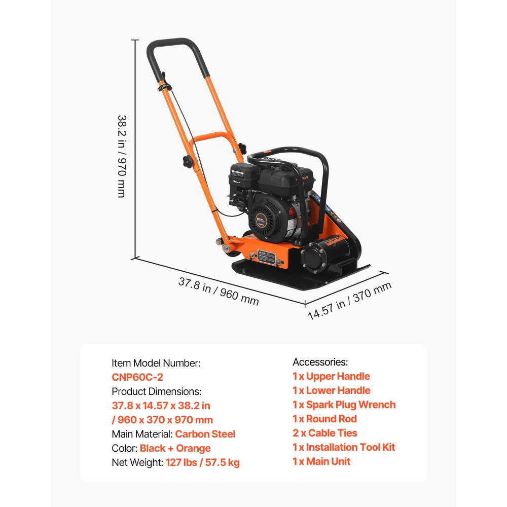 VEVOR Plate Compactor, 6.5 HP 196CC Gas Engine, 5600 VPM Vibrating Ground Rammer, 10.5 kN Compaction Force, 510.5 x 381 mm Plate, Walk Behind Compactor for Paver Landscaping, Asphalt, Foundation, Soil