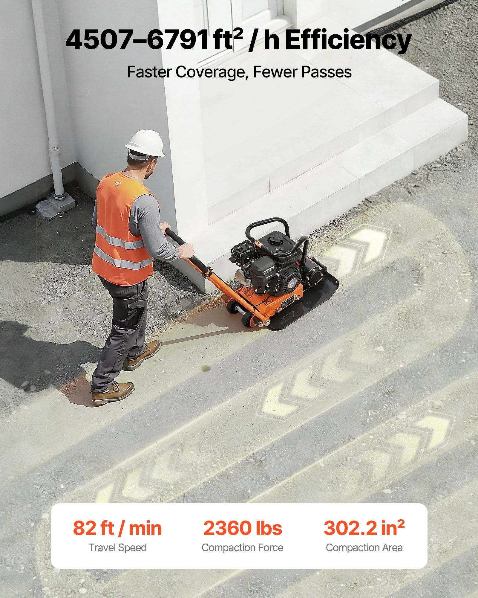 VEVOR Plate Compactor, 6.5 HP 196CC Gas Engine, 5600 VPM Vibrating Ground Rammer, 10.5 kN Compaction Force, 510.5 x 381 mm Plate, Walk Behind Compactor for Paver Landscaping, Asphalt, Foundation, Soil