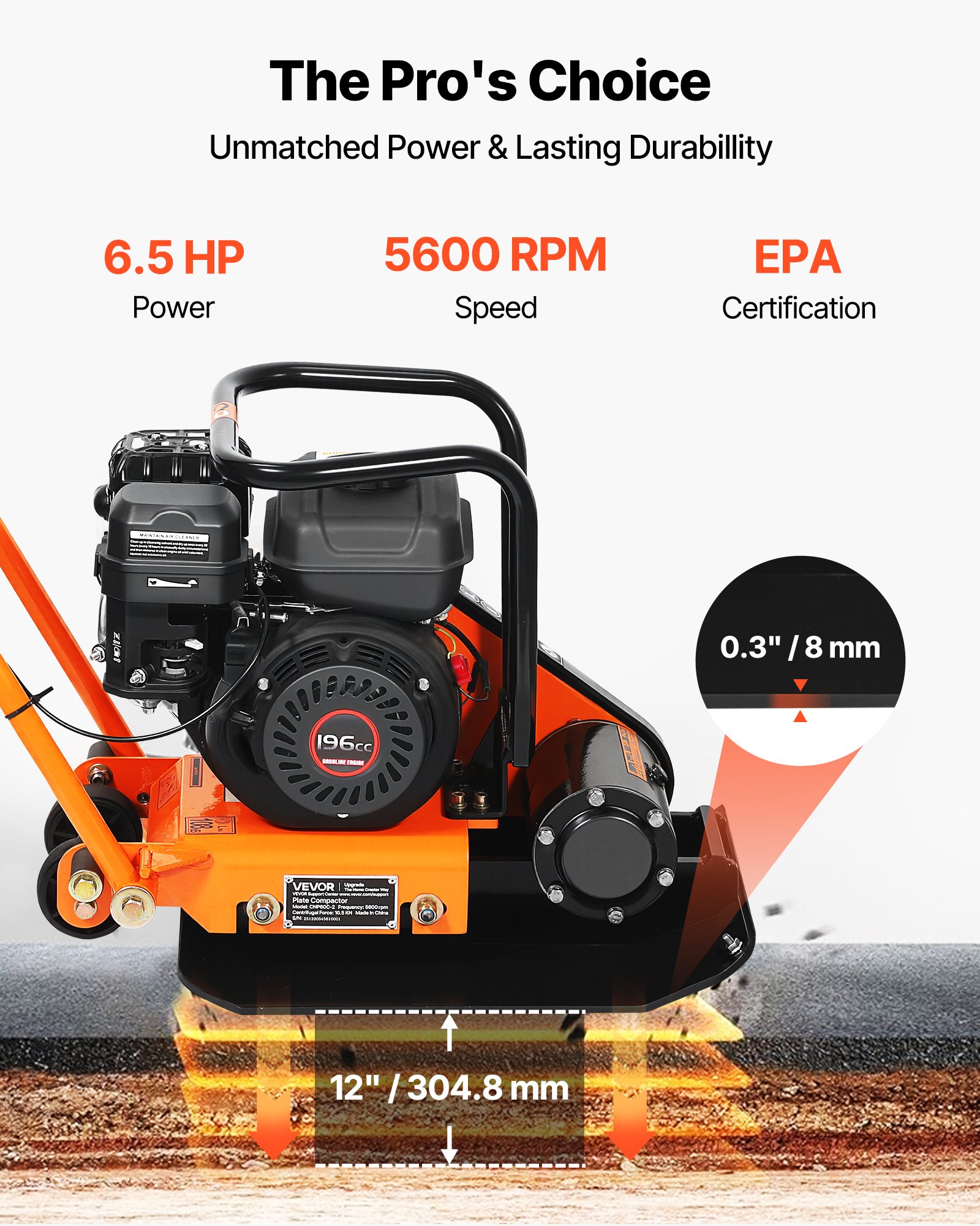 VEVOR Plate Compactor, 6.5 HP 196CC Gas Engine, 5600 VPM Vibrating Ground Rammer, 10.5 kN Compaction Force, 510.5 x 381 mm Plate, Walk Behind Compactor for Paver Landscaping, Asphalt, Foundation, Soil