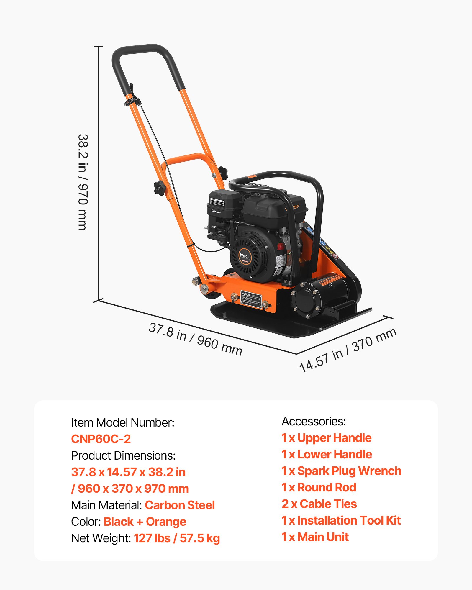 VEVOR Plate Compactor, 6.5 HP 196CC Gas Engine, 5600 VPM Vibrating Ground Rammer, 10.5 kN Compaction Force, 510.5 x 381 mm Plate, Walk Behind Compactor for Paver Landscaping, Asphalt, Foundation, Soil