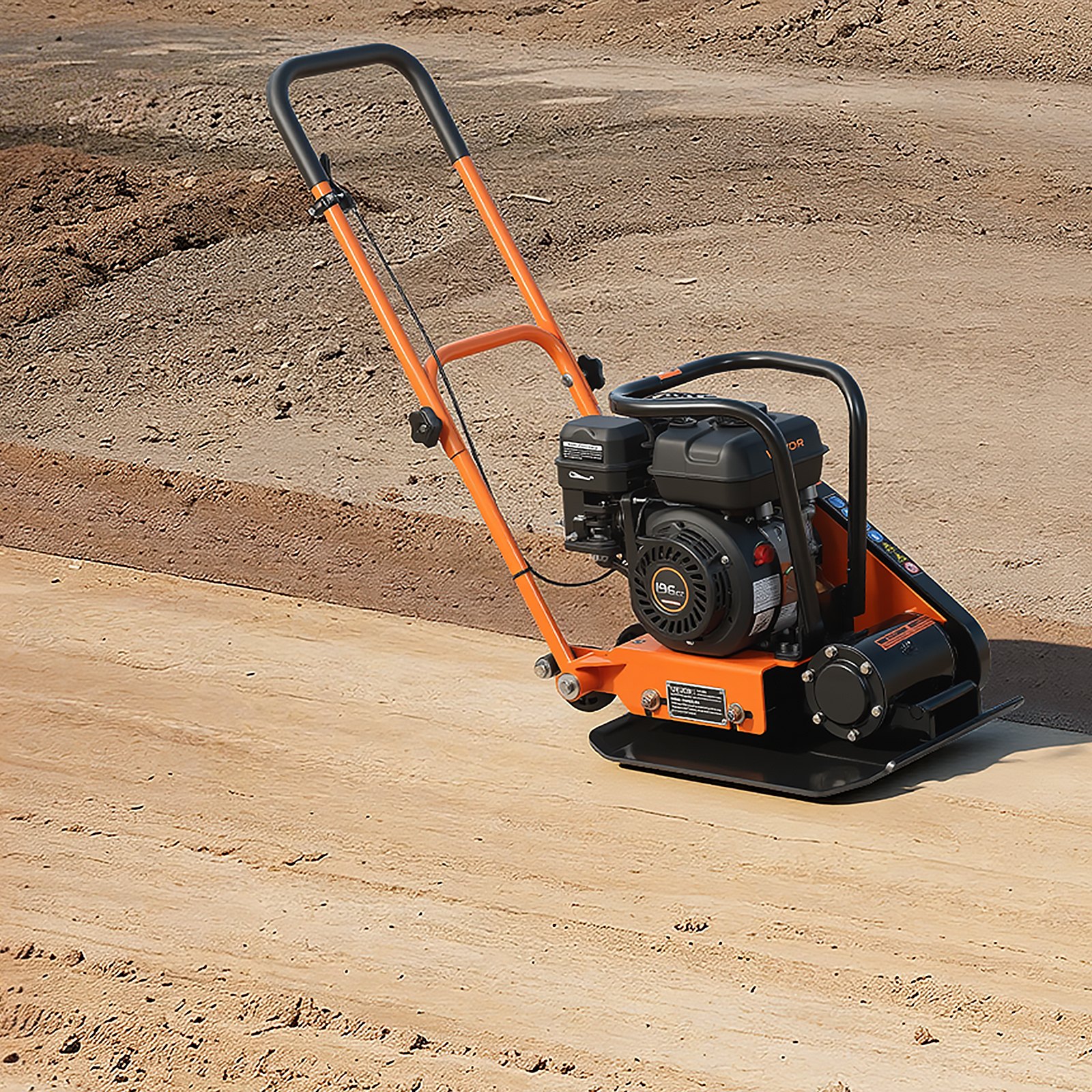 VEVOR Plate Compactor, 6.5 HP 196CC Gas Engine, 5600 VPM Vibrating Ground Rammer, 10.5 kN Compaction Force, 510.5 x 381 mm Plate, Walk Behind Compactor for Paver Landscaping, Asphalt, Foundation, Soil