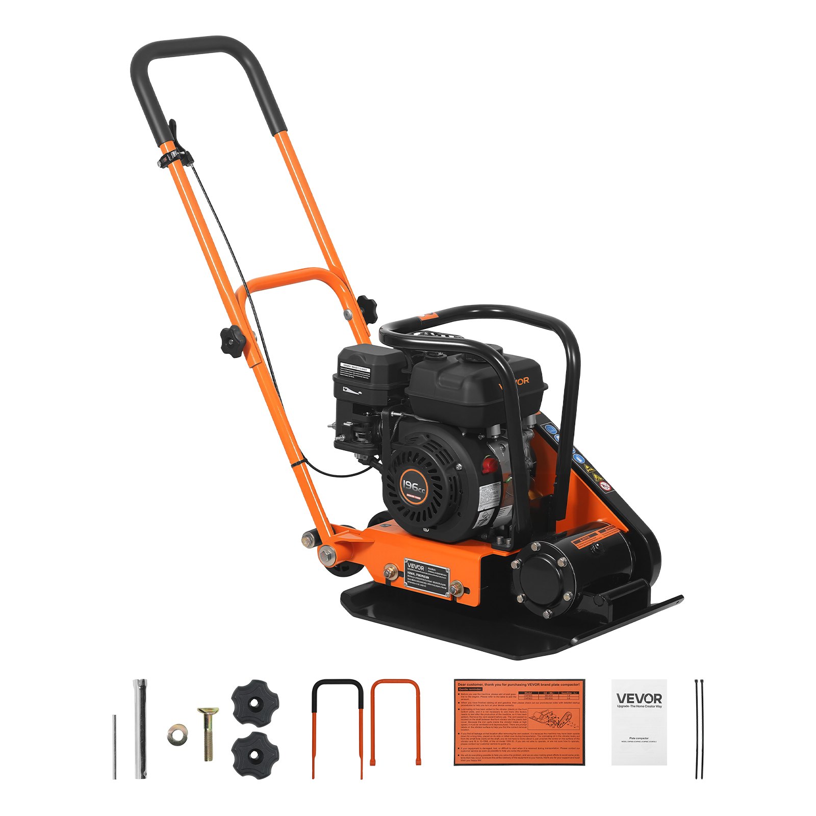 VEVOR Plate Compactor, 6.5 HP 196CC Gas Engine, 5600 VPM Vibrating Ground Rammer, 10.5 kN Compaction Force, 510.5 x 381 mm Plate, Walk Behind Compactor for Paver Landscaping, Asphalt, Foundation, Soil