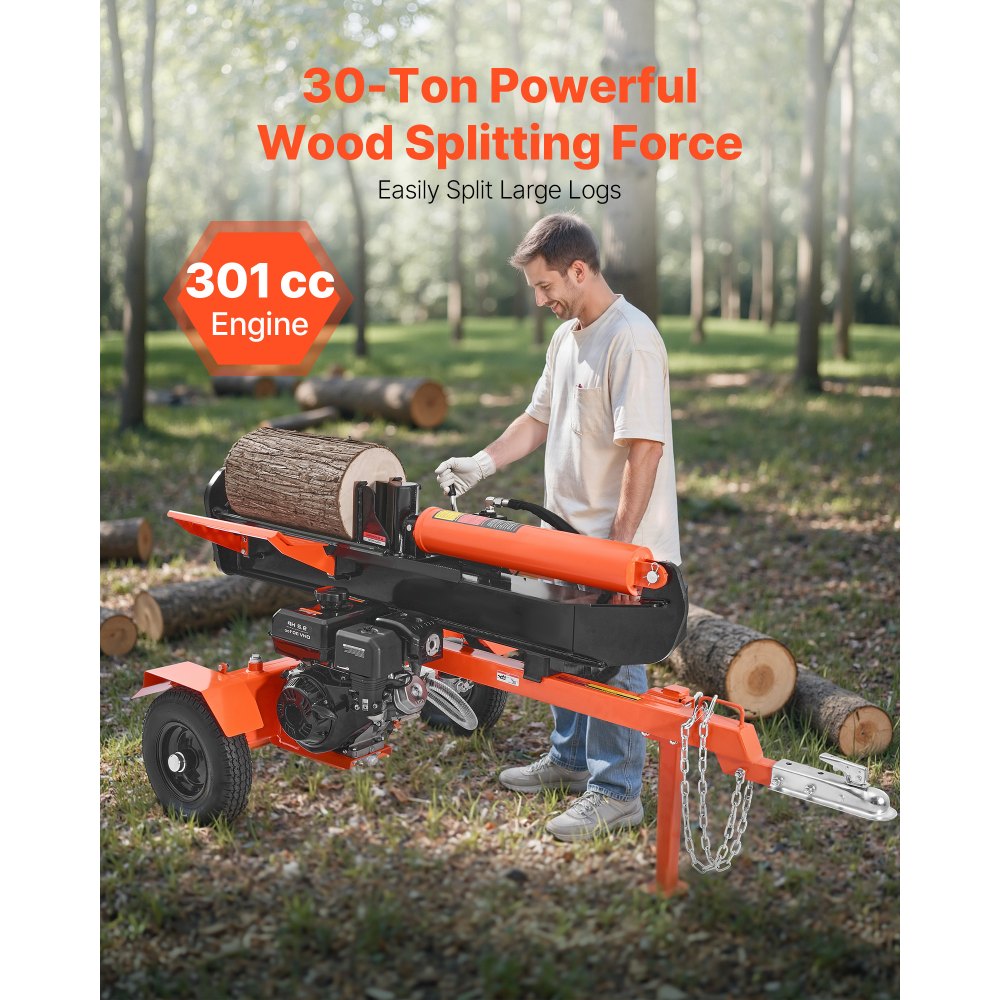 VEVOR 30 Tons Log Splitter, 306CC Engine, Powered Wood Splitter with 2" Ball Coupler, Auto Return, Vertical & Horizontal Mode, Firewood Splitting Wedge Machine for Forestry Harvest
