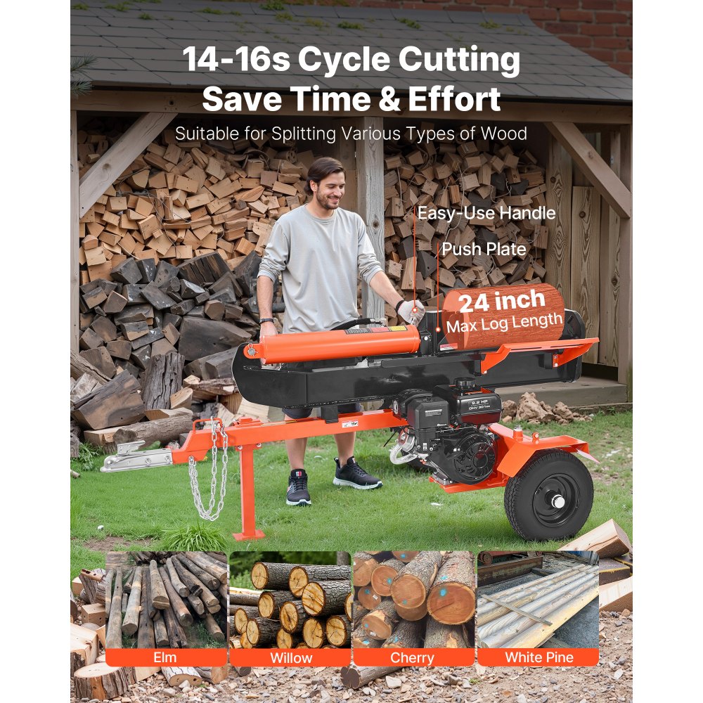 VEVOR 30 Tons Log Splitter, 306CC Engine, Powered Wood Splitter with 2" Ball Coupler, Auto Return, Vertical & Horizontal Mode, Firewood Splitting Wedge Machine for Forestry Harvest