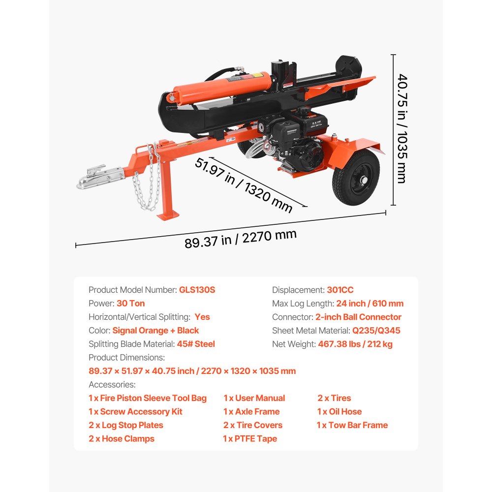 VEVOR 30 Tons Log Splitter, 306CC Engine, Powered Wood Splitter with 2" Ball Coupler, Auto Return, Vertical & Horizontal Mode, Firewood Splitting Wedge Machine for Forestry Harvest