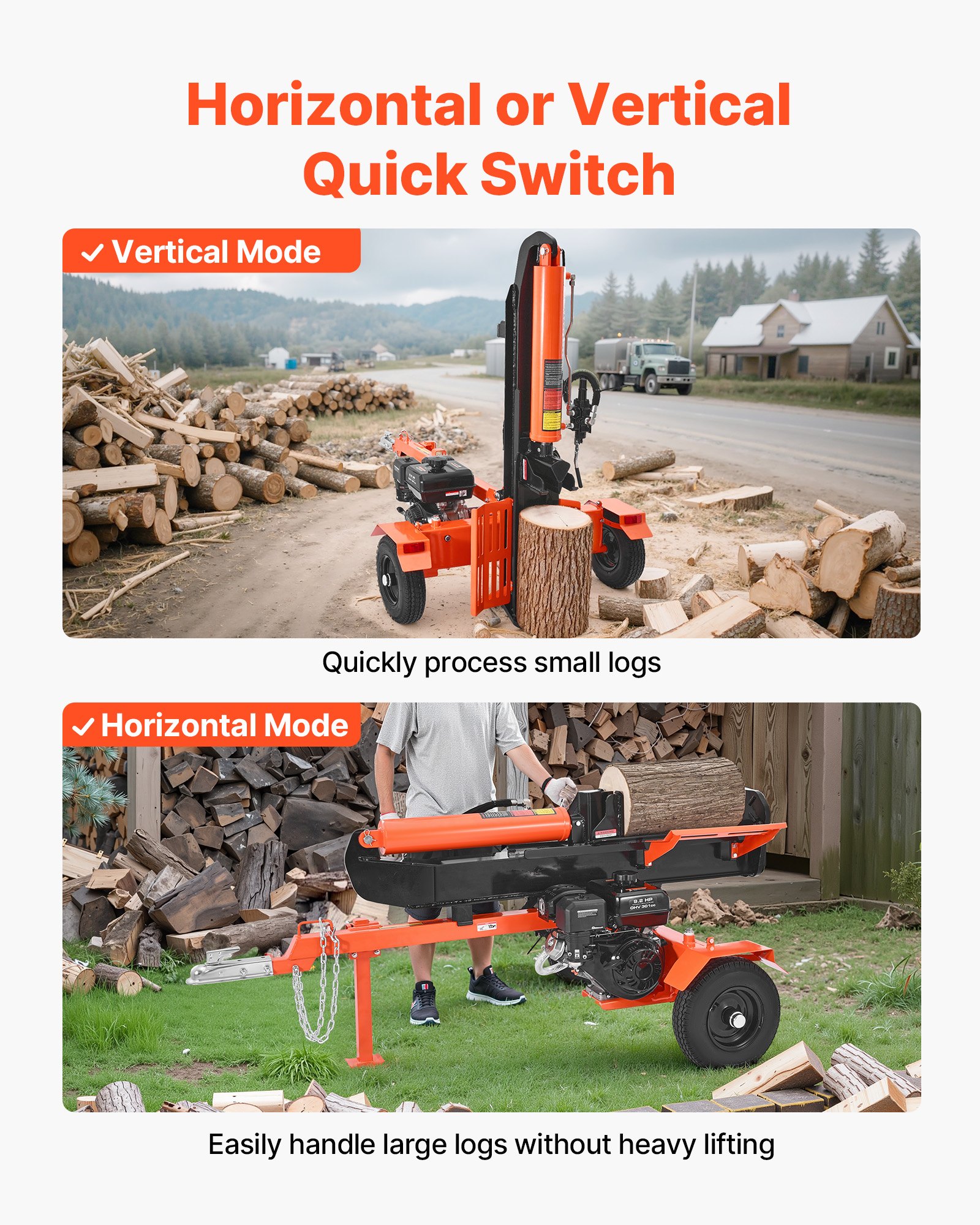 VEVOR 30 Tons Log Splitter, 306CC Engine, Powered Wood Splitter with 2" Ball Coupler, Auto Return, Vertical & Horizontal Mode, Firewood Splitting Wedge Machine for Forestry Harvest