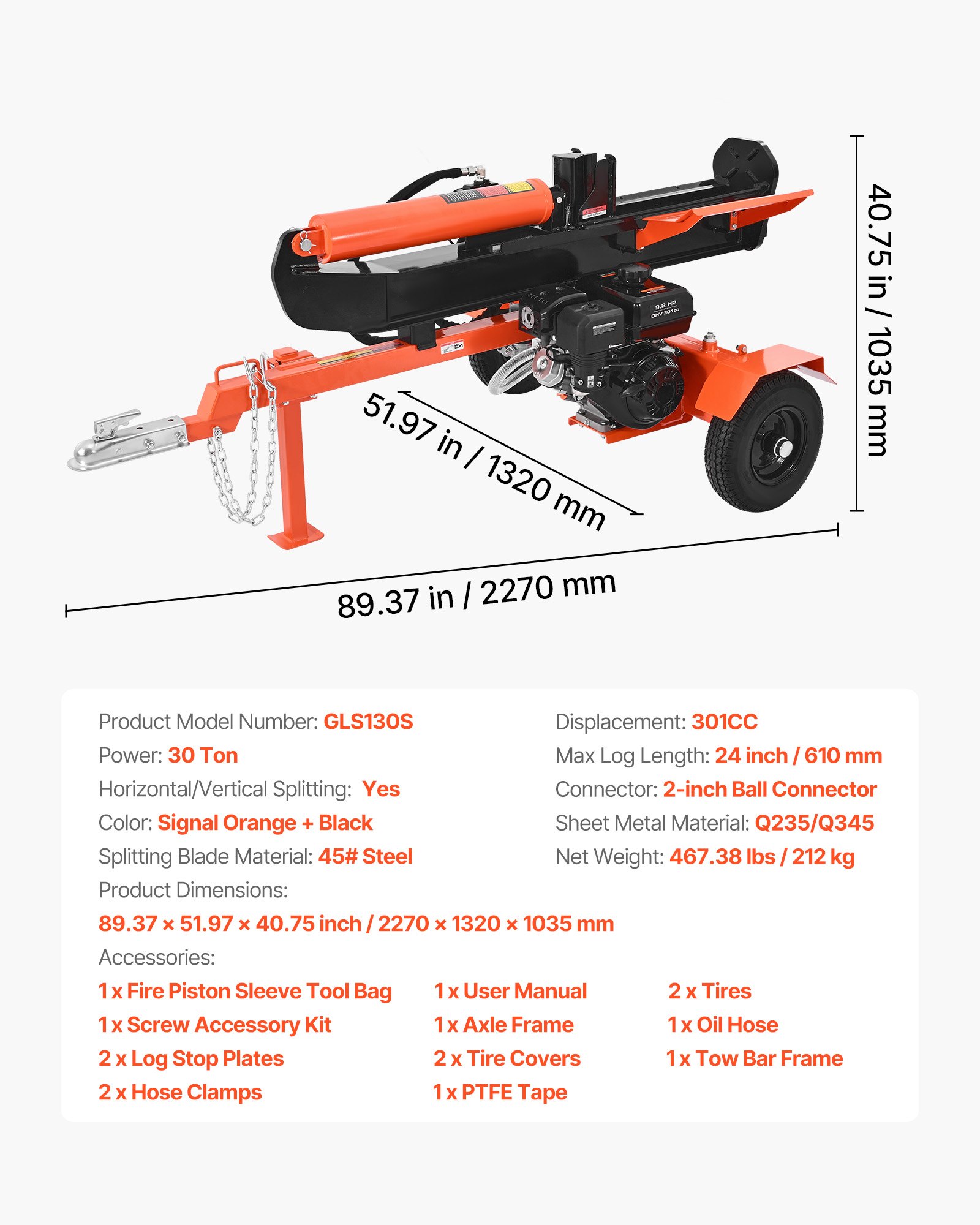 VEVOR 30 Tons Log Splitter, 306CC Engine, Powered Wood Splitter with 2" Ball Coupler, Auto Return, Vertical & Horizontal Mode, Firewood Splitting Wedge Machine for Forestry Harvest
