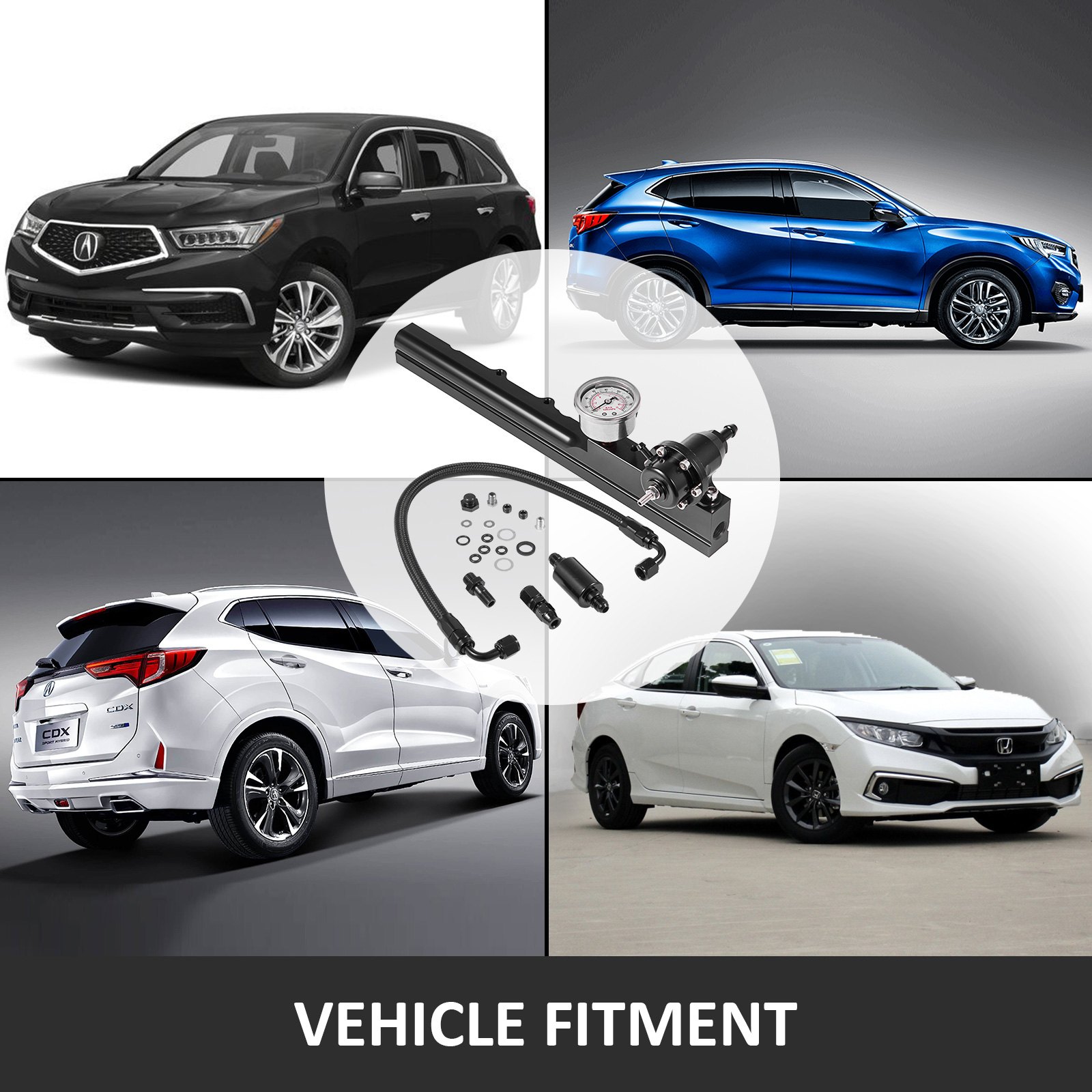 VEVOR 1/2" Fuel Bore Size Fuel Rail Kit 1/8th NPT B-Series Swapped Engines With Fuel Pressure Regulator Gauge 6AN Fitting for Fuel Rail-To-Fuel Line