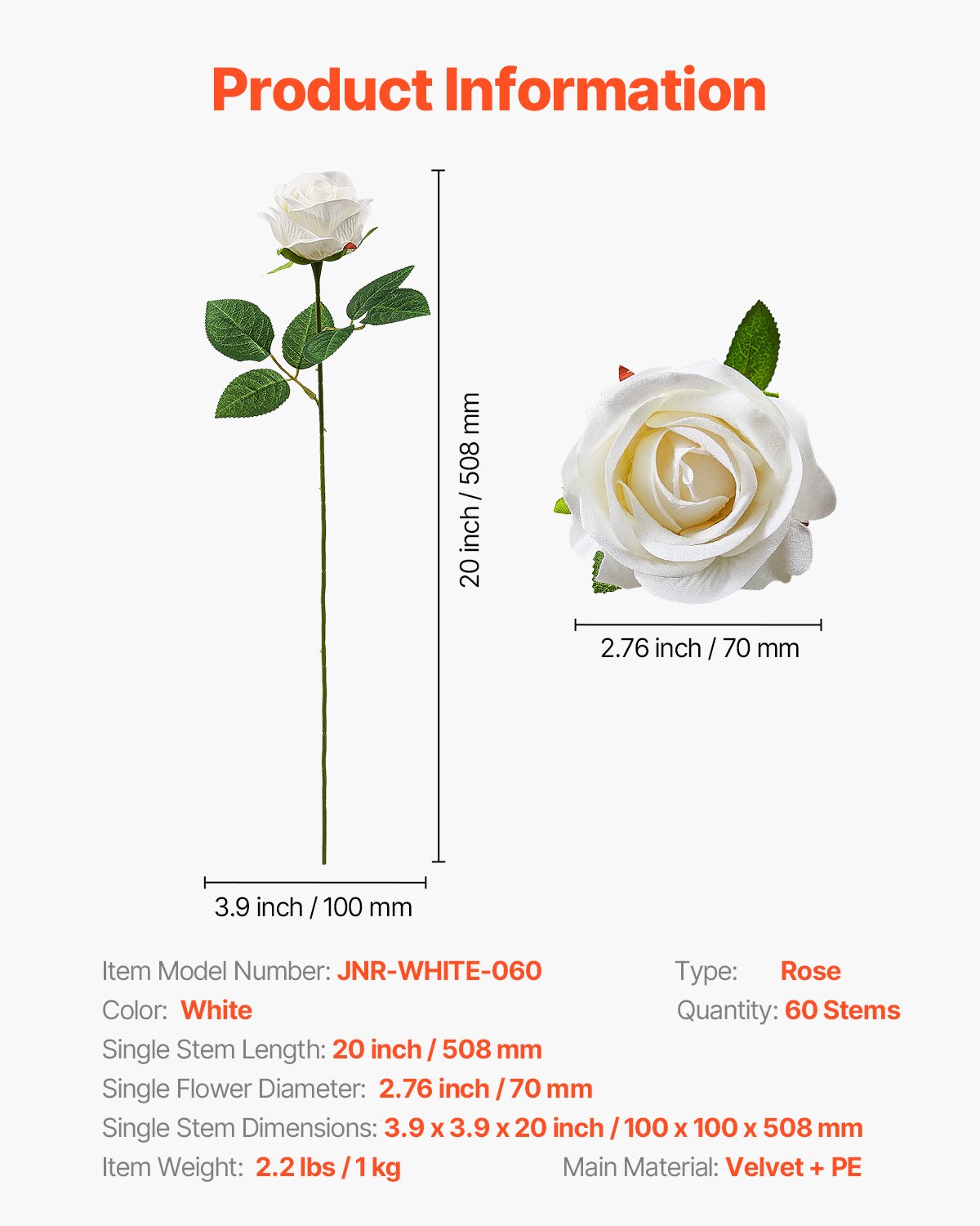 VEVOR Artificial Flowers, 60 pcs Real Looking White Foam Fake Roses Bulk, White Faux Bridal Shower with Stems for DIY Wedding Bouquets, Home Centerpieces Arrangements, Party Tables Decorations