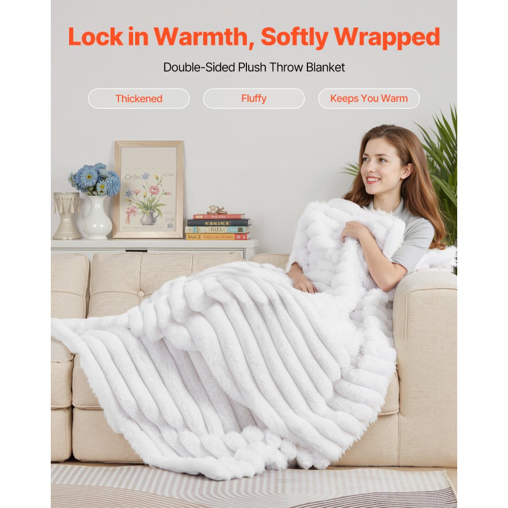 VEVOR Throw Blanket, 50 x 60 Inches / 1270 x 1524 mm, Faux Fur Cozy Throw Blankets, Cute Small Fuzzy Throws, Lightweight Super Soft Bed Blanket, Ideal for Couch, Sofa, Bedroom, White