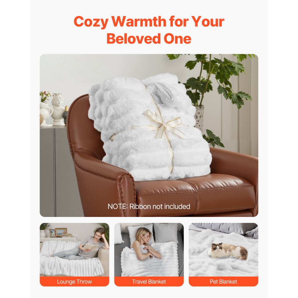 VEVOR Throw Blanket, 50 x 60 Inches / 1270 x 1524 mm, Faux Fur Cozy Throw Blankets, Cute Small Fuzzy Throws, Lightweight Super Soft Bed Blanket, Ideal for Couch, Sofa, Bedroom, White