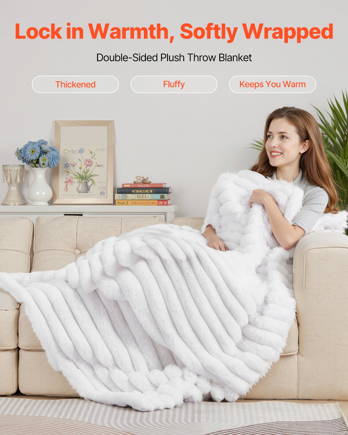 VEVOR Throw Blanket, 50 x 60 Inches / 1270 x 1524 mm, Faux Fur Cozy Throw Blankets, Cute Small Fuzzy Throws, Lightweight Super Soft Bed Blanket, Ideal for Couch, Sofa, Bedroom, White
