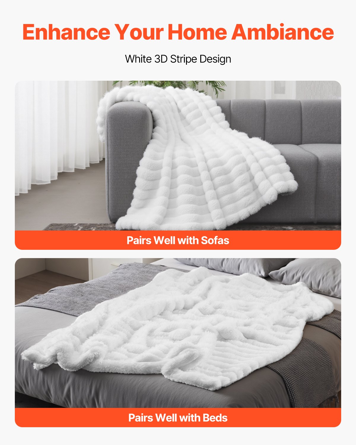 VEVOR Throw Blanket, 50 x 60 Inches / 1270 x 1524 mm, Faux Fur Cozy Throw Blankets, Cute Small Fuzzy Throws, Lightweight Super Soft Bed Blanket, Ideal for Couch, Sofa, Bedroom, White