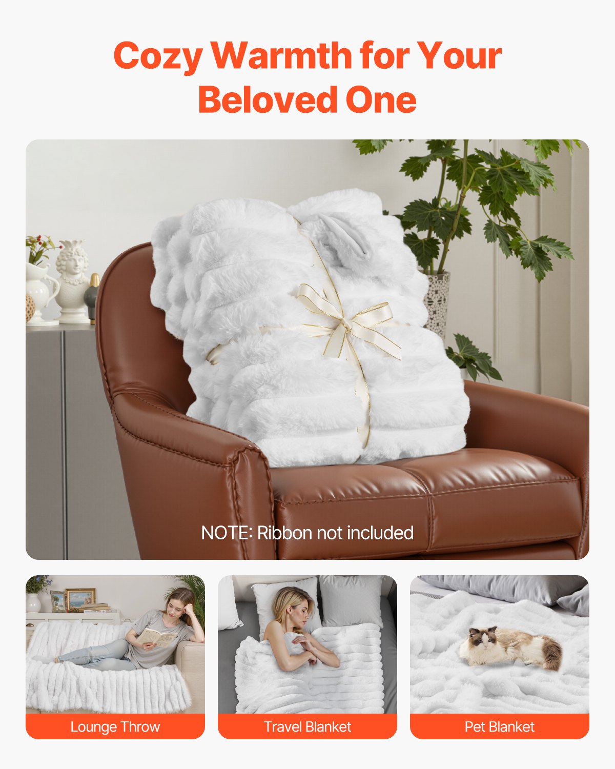 VEVOR Throw Blanket, 50 x 60 Inches / 1270 x 1524 mm, Faux Fur Cozy Throw Blankets, Cute Small Fuzzy Throws, Lightweight Super Soft Bed Blanket, Ideal for Couch, Sofa, Bedroom, White