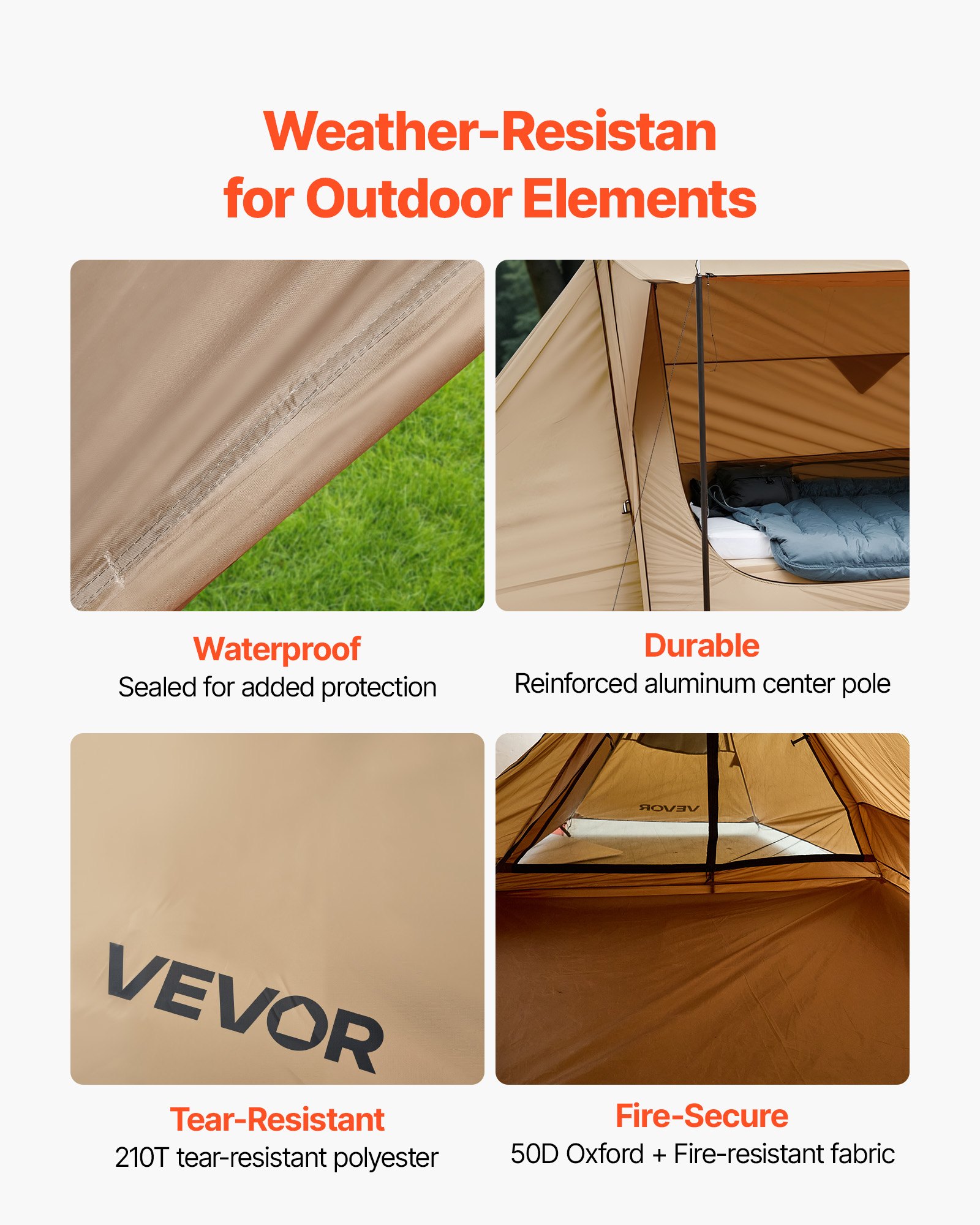 VEVOR Camping Hot Tent, Lightweight Bushcraft Tent with Stove Jack & 2 Tarp Poles, Waterproof Winter Hot Tents Shelters, Portable 4 Season Tents for 2 Persons Hiking Fishing Hunting Backpacking