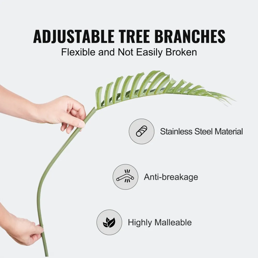adjustable branches of VEVOR artificial palm tree with stainless steel, anti-breakage, and malleability.