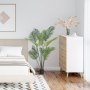 bedside setup with VEVOR artificial palm tree, white dresser, pink flowers on top, and geometric wall art.