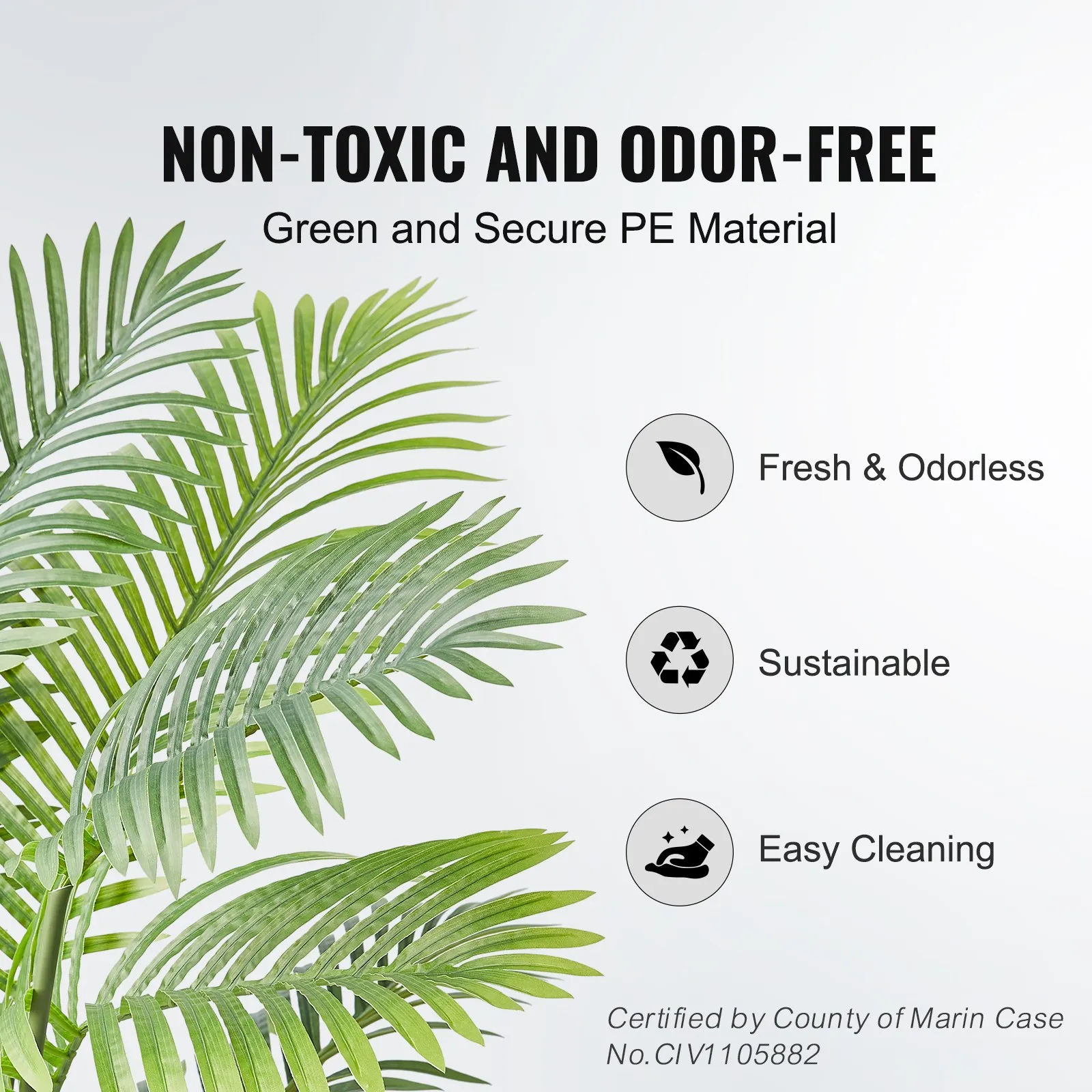 VEVOR artificial palm tree made with non-toxic, odor-free pe material; fresh, sustainable, easy to clean.