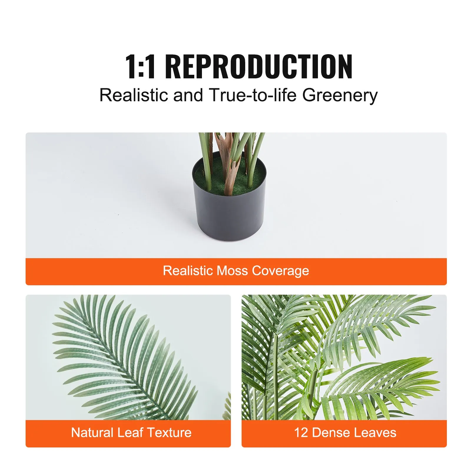 VEVOR artificial palm tree with realistic moss coverage, natural leaf texture, and 12 dense leaves.