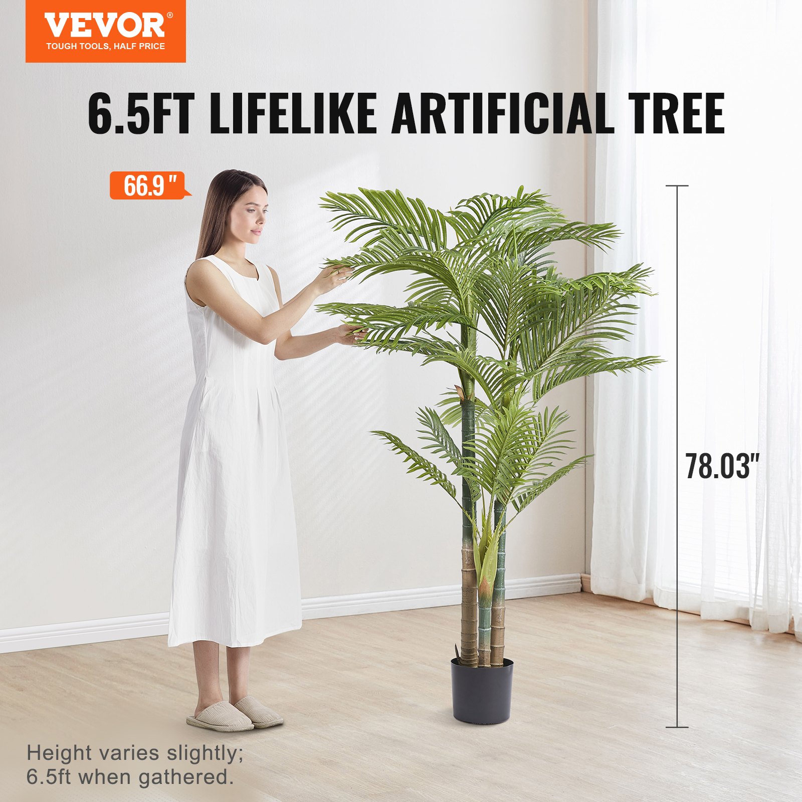 VEVOR Artificial Gold Cane Palm Tree, 2m Tall Faux Plant, PE Material & Anti-Tip Tilt Protection Low-Maintenance Plant, Lifelike Green Fake Tree for Home Office Warehouse Decor Indoor Outdoor