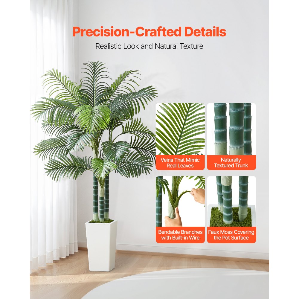 VEVOR Artificial Areca Palm Tree 1829 mm, Fake Palm Tropical Plants with White Tall Planter, Faux Floor Silk Plant in Pot, Large Trees for Home Office Living Room Decor House Warming, Indoor Outdoor