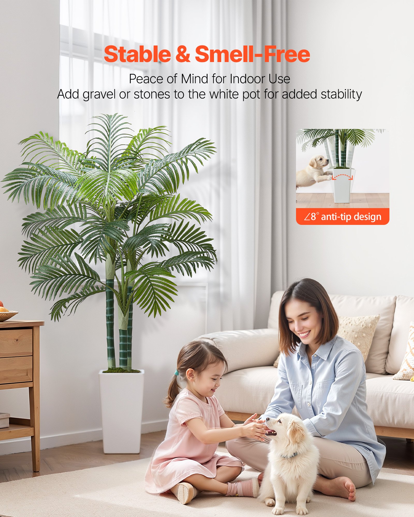 VEVOR Artificial Areca Palm Tree 1829 mm, Fake Palm Tropical Plants with White Tall Planter, Faux Floor Silk Plant in Pot, Large Trees for Home Office Living Room Decor House Warming, Indoor Outdoor