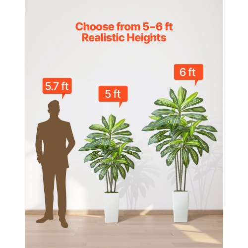 VEVOR 6ft Artificial Dracaena Tree With White Tall Planter Large Faux Indoor Outdoor Palm Plant For Home Office Living Room Decor