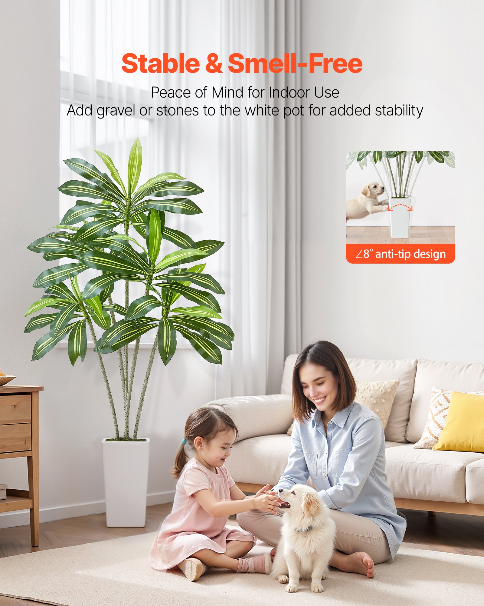 VEVOR Artificial Dracaena Tree 1829 mm, Fake Palm Tropical Plants with White Tall Planter, Faux Floor Silk Plant in Pot, Large Trees for Home Office Living Room Decor House Warming, Indoor Outdoor