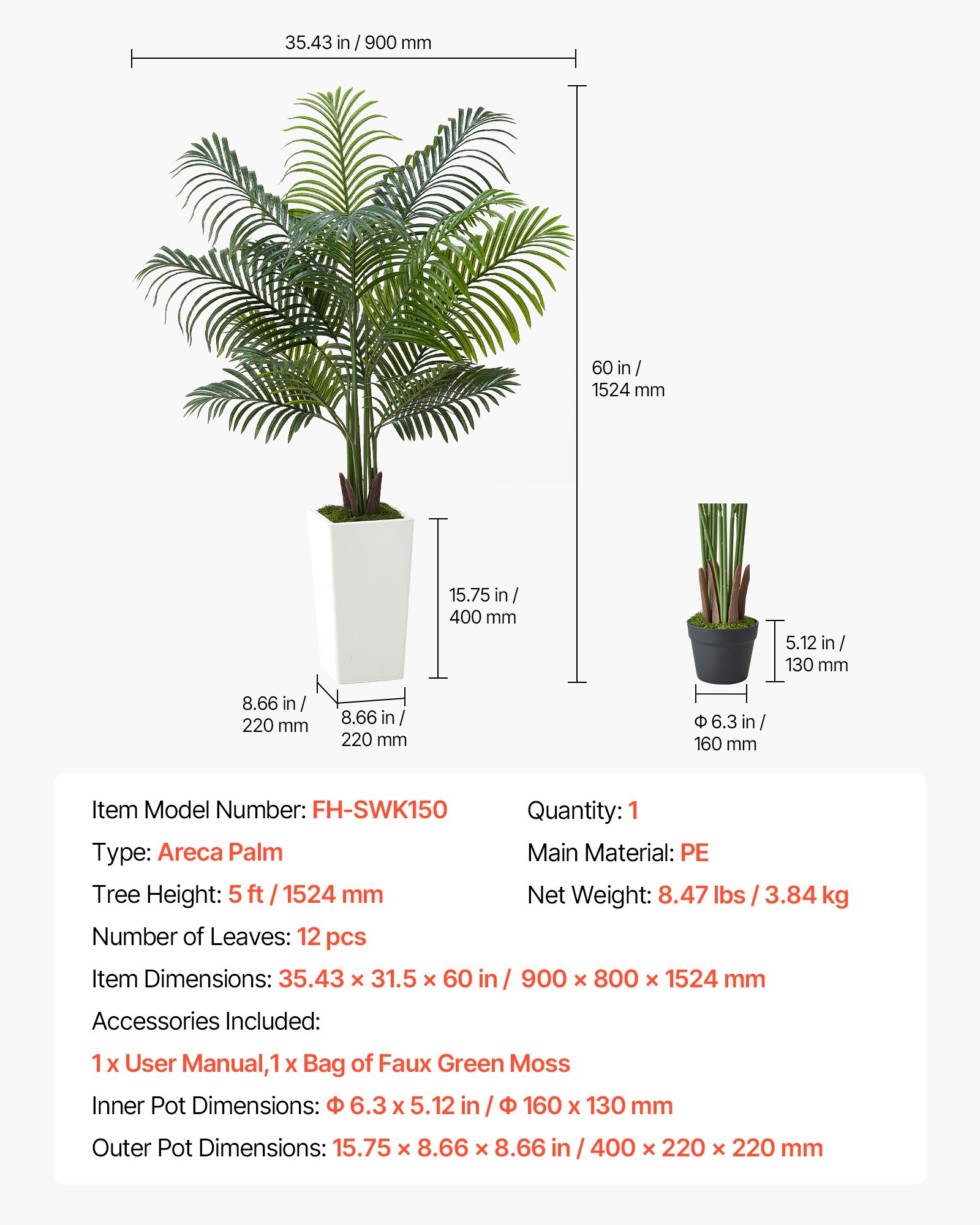 VEVOR Artificial Areca Palm Tree 1524 mm, Fake Palm Tropical Plants with White Tall Planter, Faux Floor Silk Plant in Pot, Large Trees for Home Office Living Room Decor House Warming, Indoor Outdoor