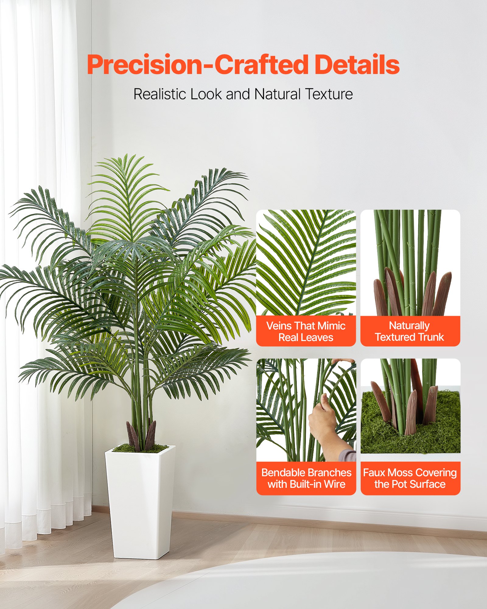 VEVOR Artificial Areca Palm Tree 1524 mm, Fake Palm Tropical Plants with White Tall Planter, Faux Floor Silk Plant in Pot, Large Trees for Home Office Living Room Decor House Warming, Indoor Outdoor