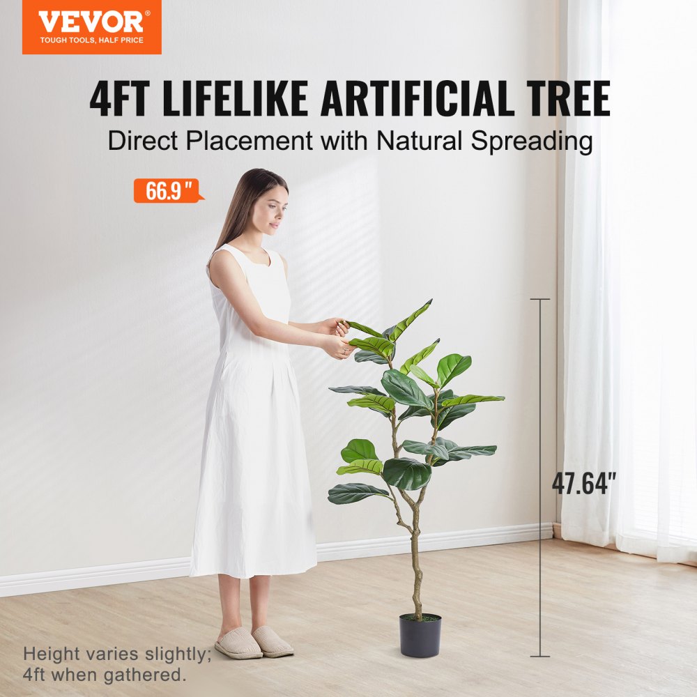 VEVOR Artificial Fiddle Leaf Fig Tree, 1210 mm, Secure PE Material & Anti-Tip Tilt Protection Low-Maintenance Faux Plant, Lifelike Green Fake Potted Tree for Home Office Warehouse Decor Indoor Outdoor