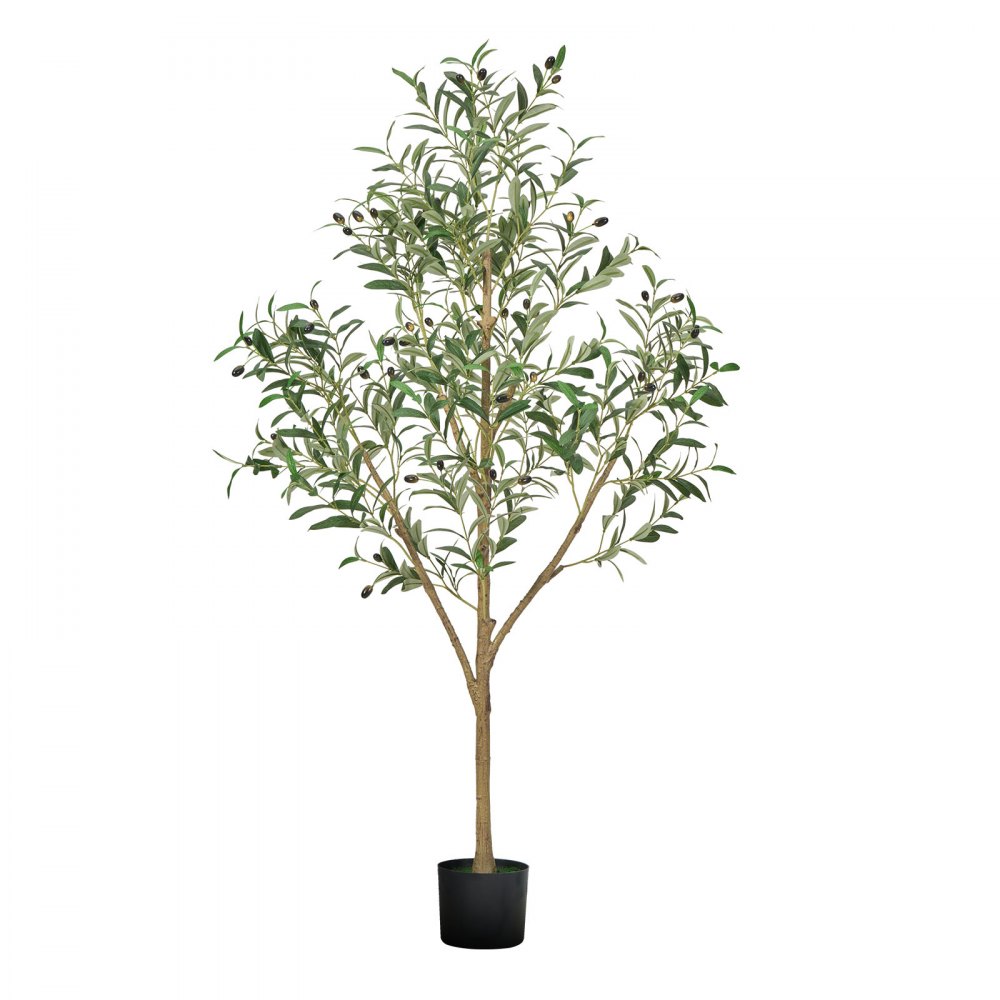 VEVOR 150cm Artificial Olive Tree with Black Pot, Tall Fake Tree with Natural Wood Trunk & Realistic Green Leaves and Fruits, Indoor Faux Plant for Home, Office, Living Room, Corner Decor