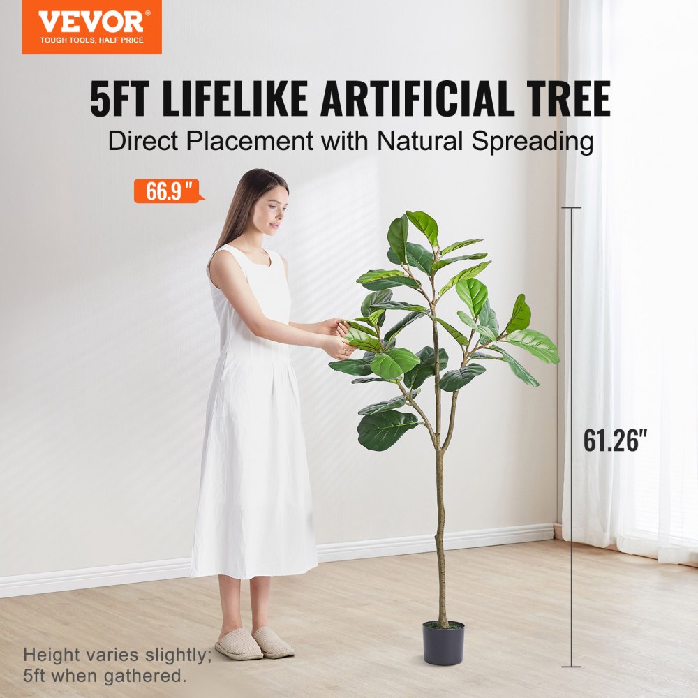 VEVOR Artificial Fiddle Leaf Fig Tree, 12.7cm, Secure PE Material & Anti-Tip Tilt Protection Low-Maintenance Faux Plant, Lifelike Green Fake Potted Tree for Home Office Warehouse Decor Indoor Outdoor