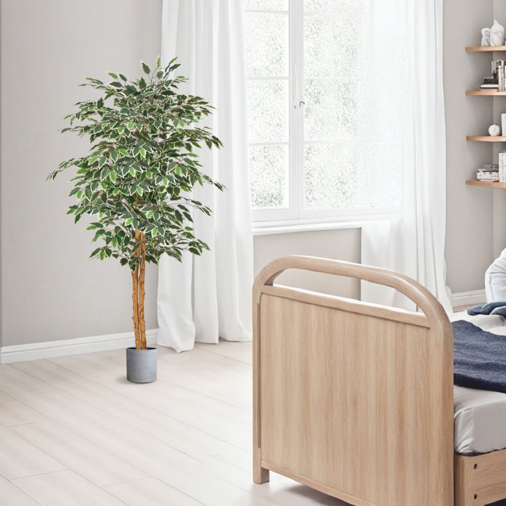 VEVOR 150cm Artificial Ficus Tree with Black Pot, Tall Faux Ficus Plant with Natural Wood Trunk and Realistic Green Leaves, Indoor Fake Silk Tree for Home, Office, Living Room, or Corner Décor