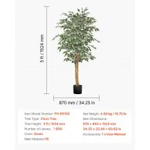5FT Artificial Ficus Tree Tall Faux Plant with Black Pot for Indoor Decor