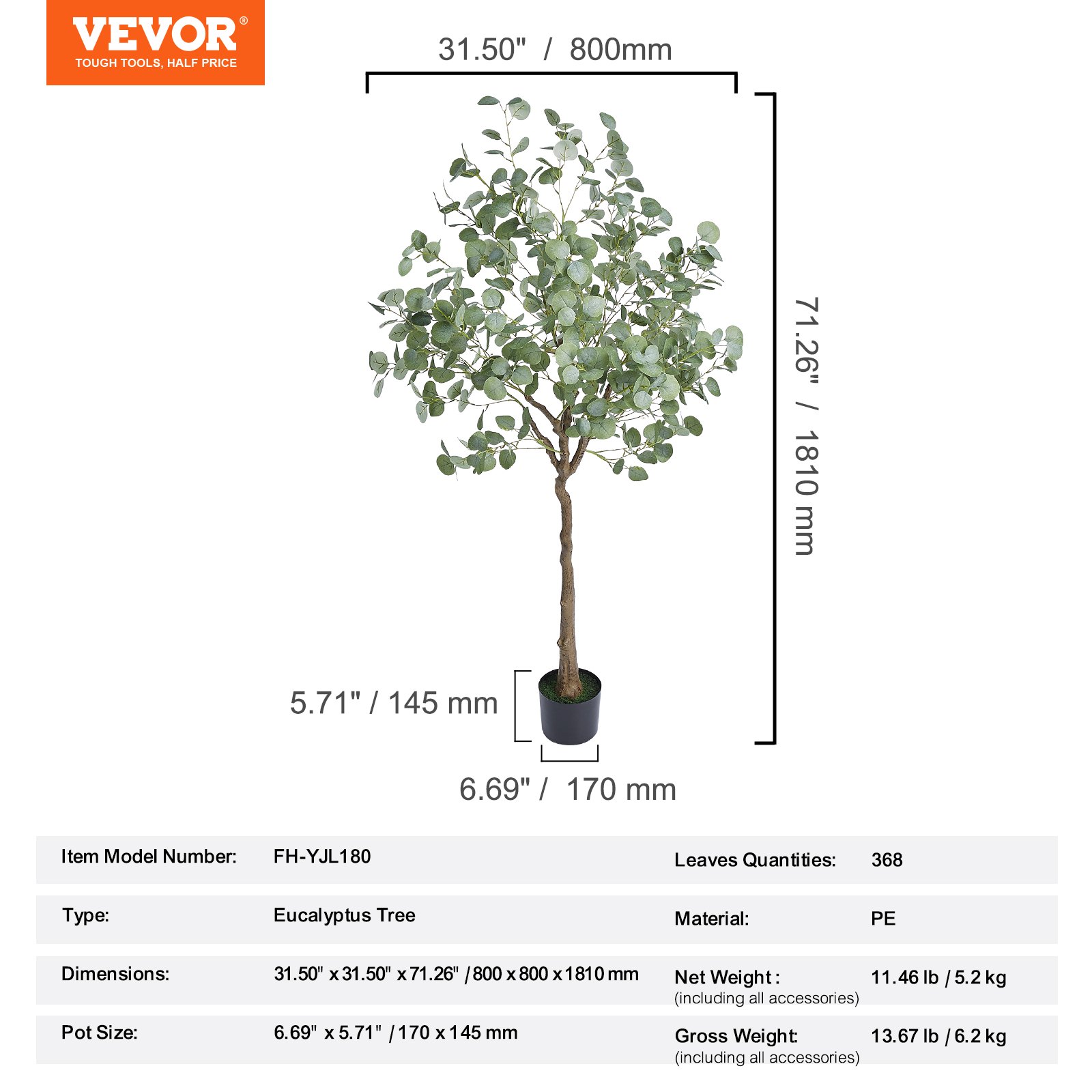VEVOR Artificial Eucalyptus Tree, 1810mm Tall Faux Plant, Secure PE Material & Anti-Tip Tilt Protection Low-Maintenance Plant, Lifelike Green Fake Potted Tree for Home Office Decor Indoor Outdoor